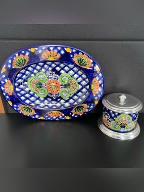 Vintage Talavera Pottery Set, 11" Platter and 5" Canister, Hand-Painted, Signed